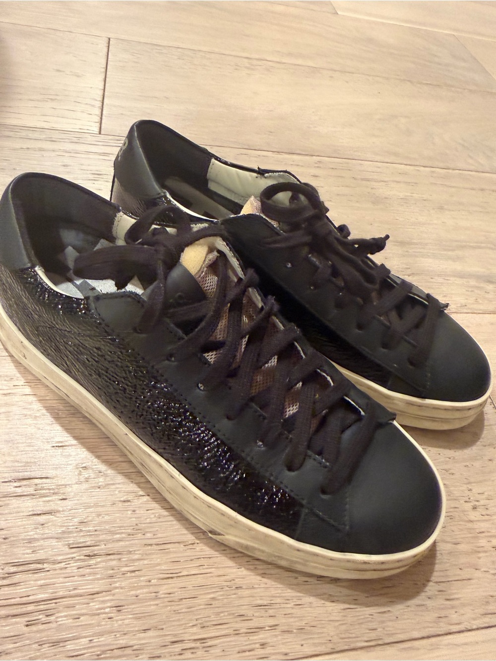 P448 Black Leather Low-Top Sneakers with Shimmer Side Panel